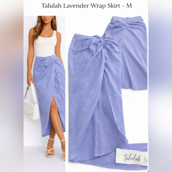 Talulah Lavender Wrap Midi Skirt M | Draped Front Tie Flowy Elegant - Picture 4 of 5